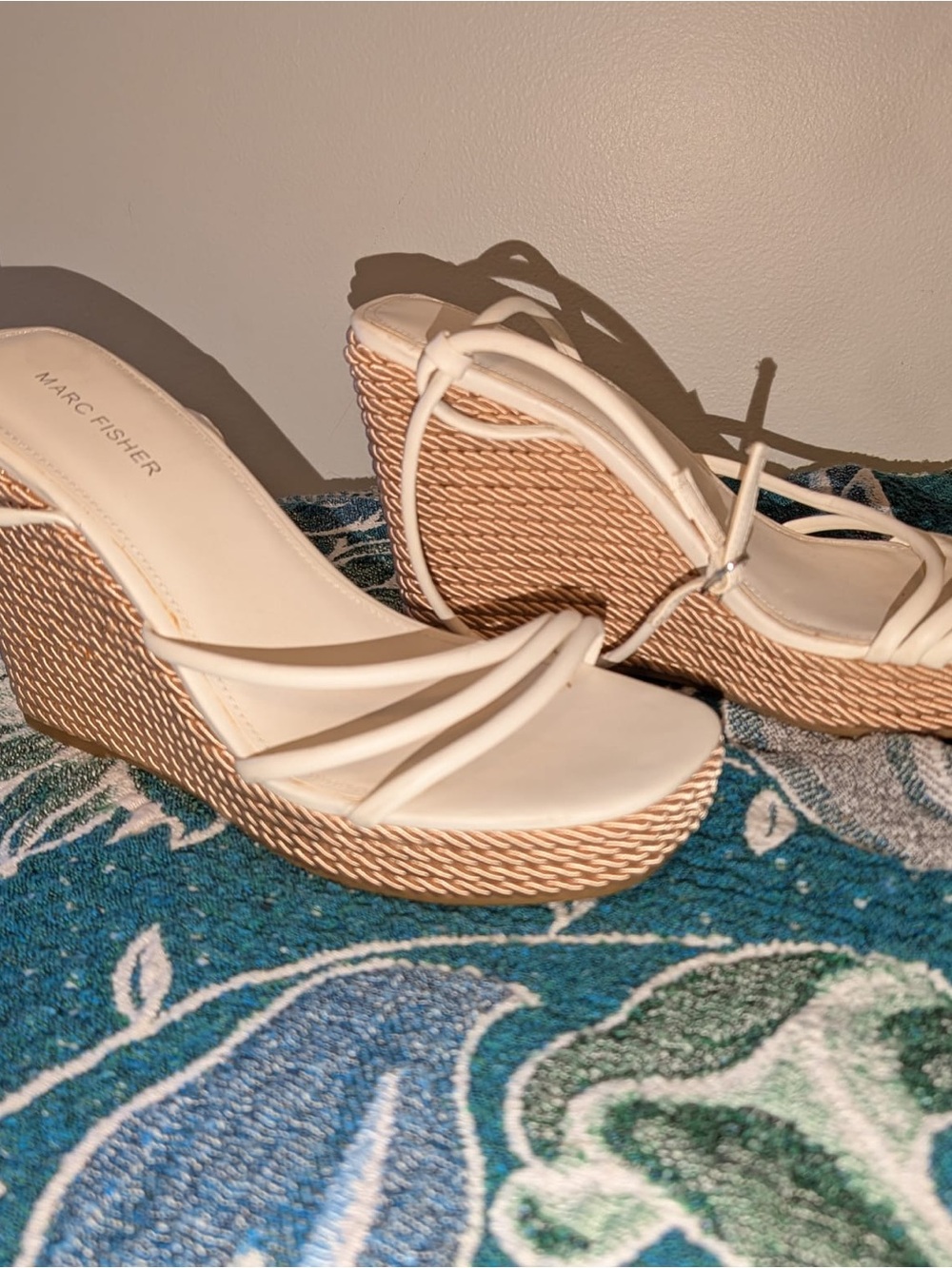 Marc Fisher White and Gold Strappy wedge Sandals with Braided Platform